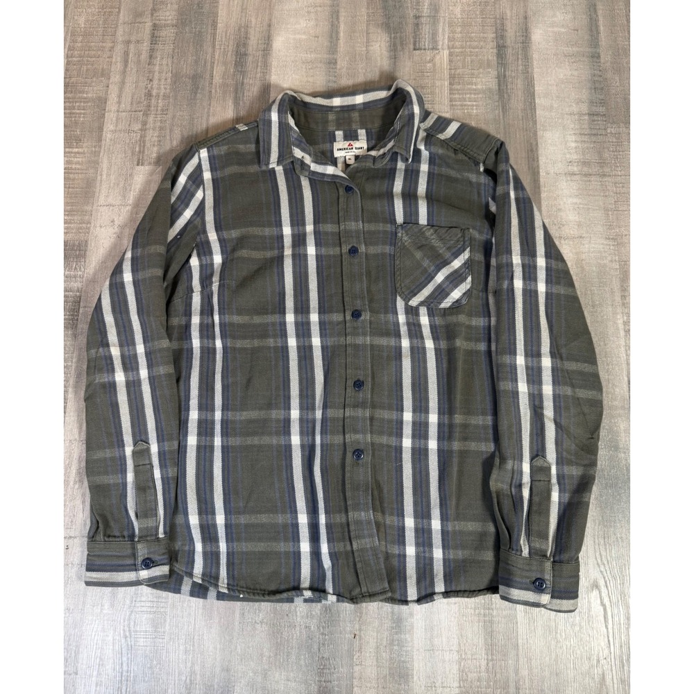 American Giant Plaid Flannel Shirt Mens XL Gray Blue Made USA Heavyweight Crop